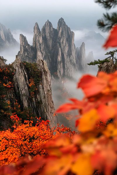 Herbstliche Berglandschaft mit Nebel