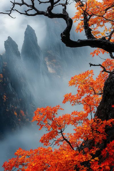 Herbstliche Berglandschaft mit Nebel