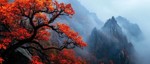 Herbstliche Berglandschaft mit Nebel