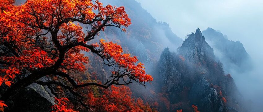 Herbstliche Berglandschaft mit Nebel