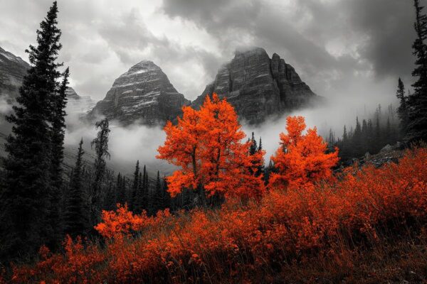 Herbstliche Berglandschaft mit Nebel