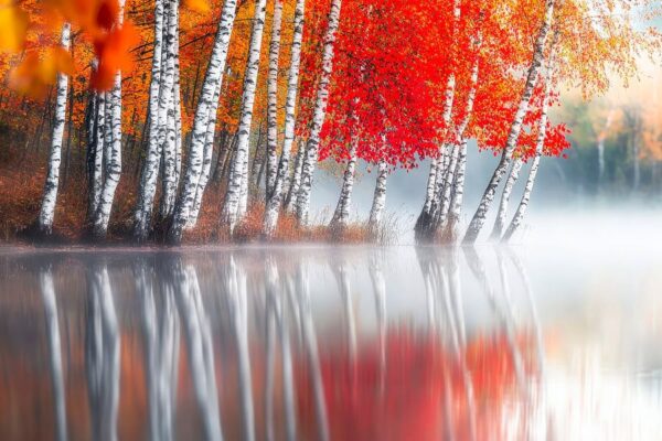 Herbstliche Birkenlandschaft am Wasser