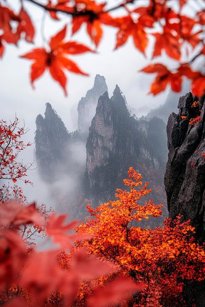 Herbstliche Gebirgslandschaft mit Nebel