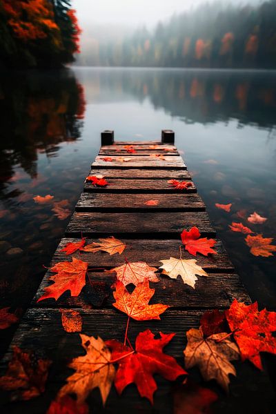 Herbstliche Holzplanke am See