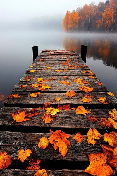 Herbstliche Holzplanke am See