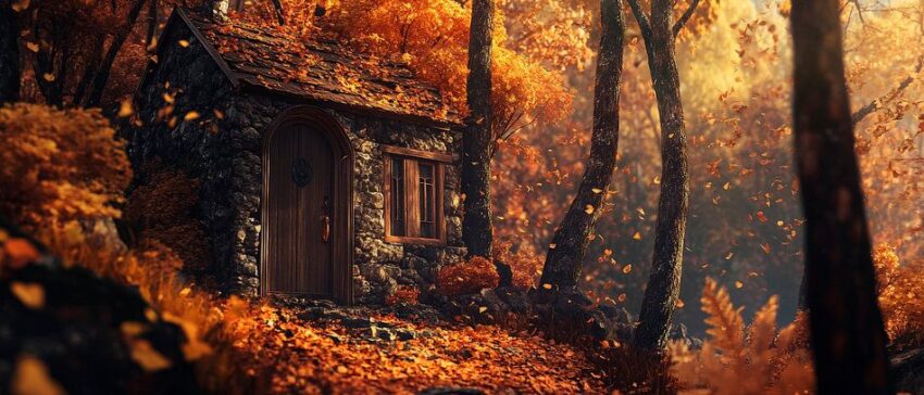 Herbstliche Hütte im Wald