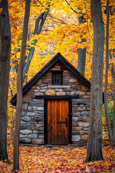 Herbstliche Hütte im Wald