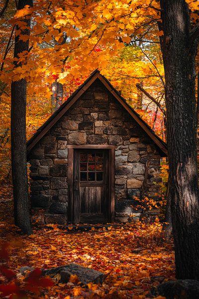 Herbstliche Hütte im Wald