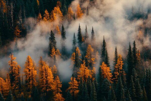 Herbstliche Wälder im Nebel