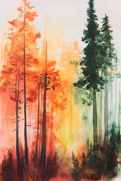 Herbstliche Waldlandschaft in Aquarell