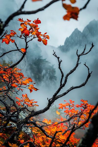 Herbstliche Zweige im Nebel