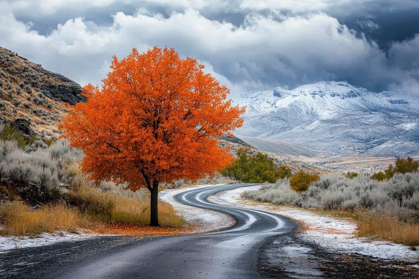 Herbstlicher Baum an kurvenreicher Straße