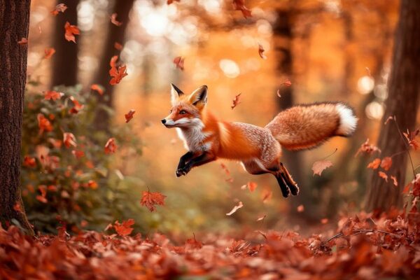 Herbstlicher Fuchs springt durch Laub