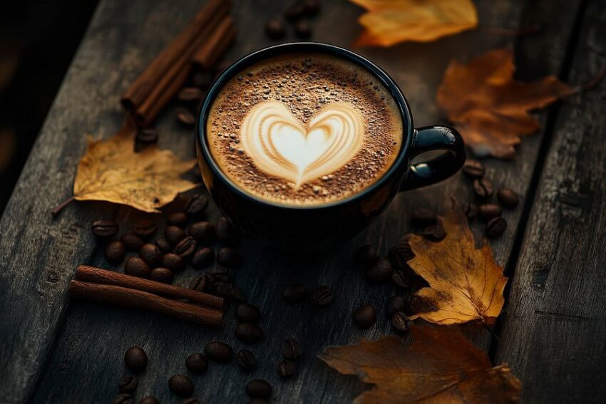 Herbstlicher Kaffee mit Herzmotiv