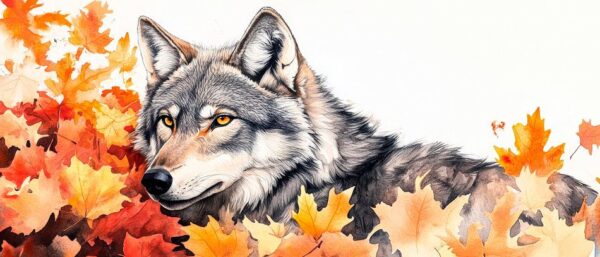 Herbstlicher Wolf im Laubbett