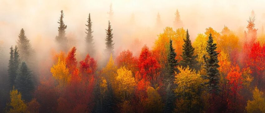 Herbstwald im Nebel – Farbenspiel