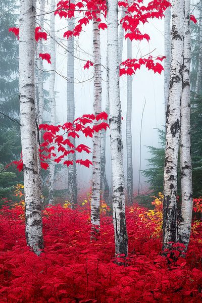 Herbstwald mit roten Blättern