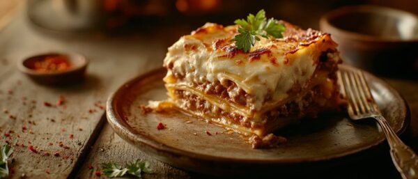 Herzhafte Lasagne auf Holzplatte serviert