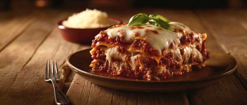 Herzhafte Lasagne auf Holztisch serviert