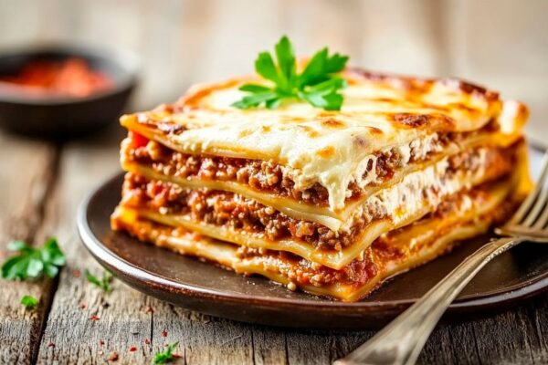 Herzhafte Lasagne auf rustikalem Tisch