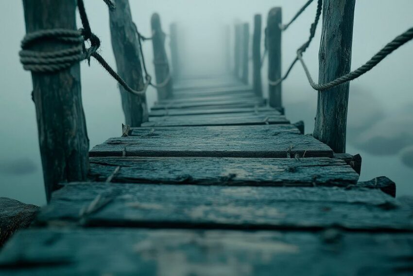 Holzbrücke im Nebel – Mystisch und Ruhig