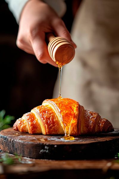 Honigverzierte Croissants auf Holzbrett