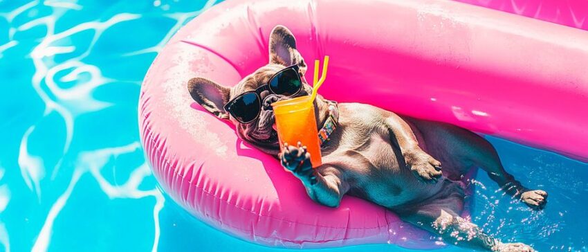 Hund entspannt im Pool mit Drink