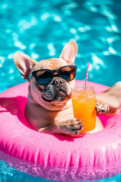 Hund im Pool mit Erfrischungsgetränk