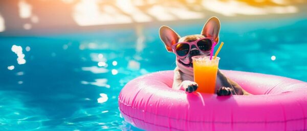 Hund im Pool mit Getränk entspannt