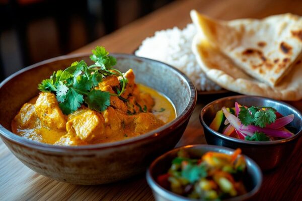 Indisches Curry mit Beilagen und Brot