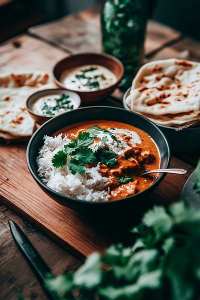 Indisches Curry mit Reis und Fladenbrot