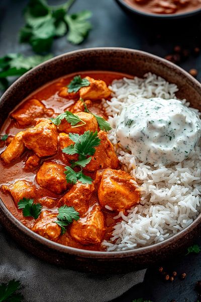 Indisches Curry mit Reis und Joghurtsoße