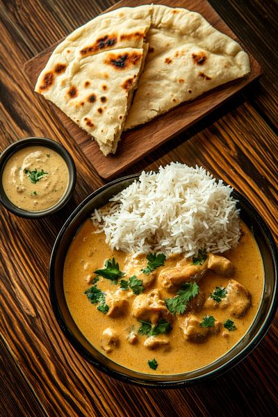 Indisches Curry mit Reis und Naanbrot