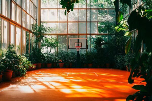 Indoor Basketballfeld mit Pflanzen