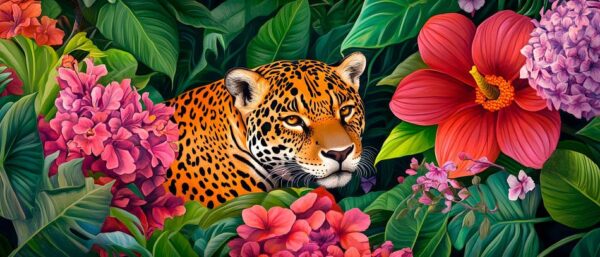 Jaguar im bunten Blumenmeer versteckt