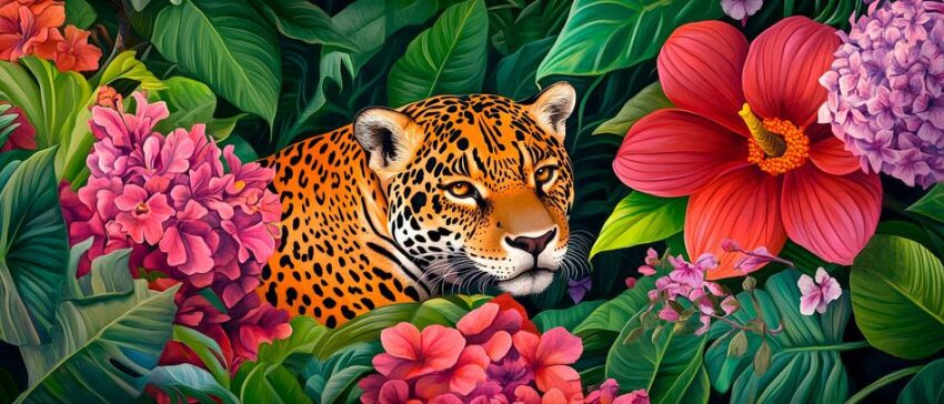 Jaguar im bunten Blumenmeer versteckt