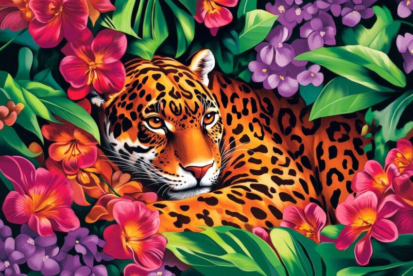 Jaguar zwischen bunten Blumen verborgen