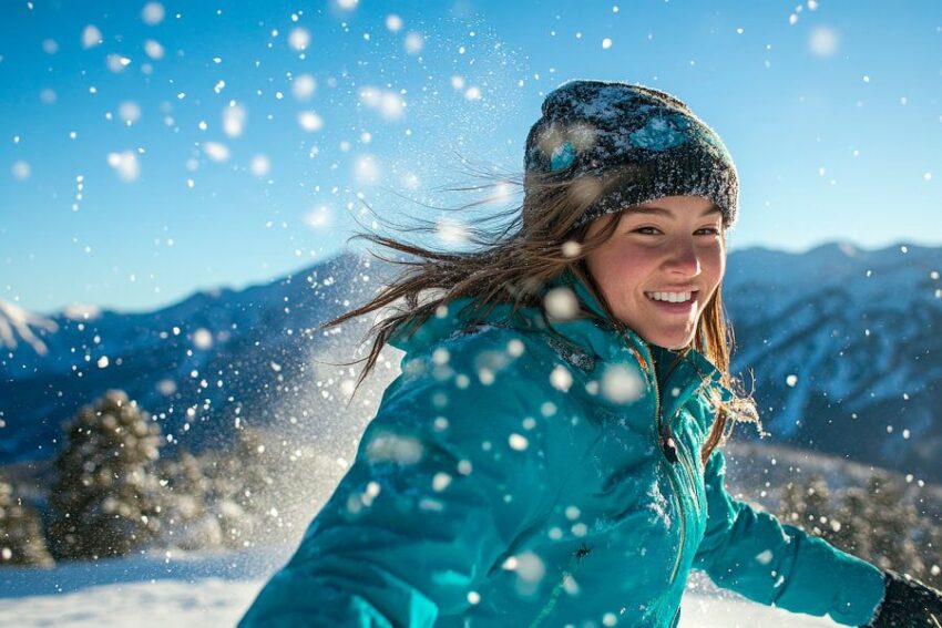 Junge Frau im Schnee voller Freude