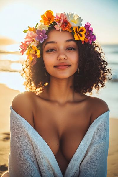 Junge Frau mit Blumenkranz am Strand