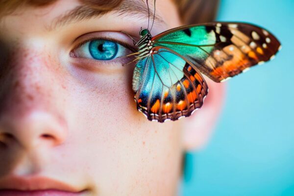 Junge mit Schmetterling auf dem Auge