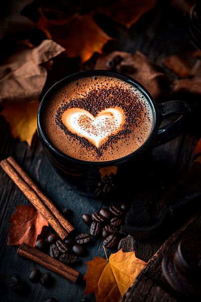 Kaffee mit Herzmotiv in herbstlicher Umgebung