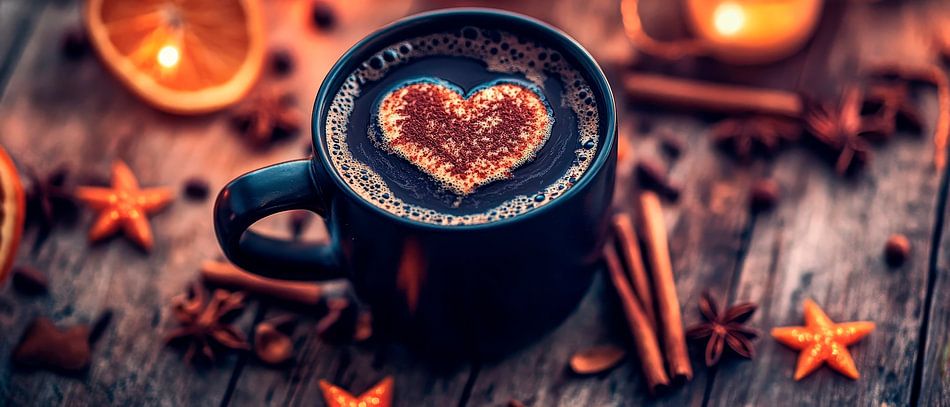 Kaffeetasse mit Herz-Motiv und Gewürzen