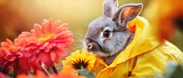 Kaninchen im Regenmantel unter Blumen