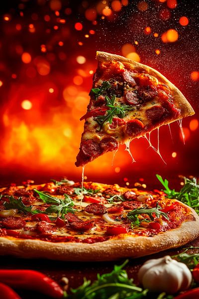 Käseziehender Pizzastück über Feuerhintergrund