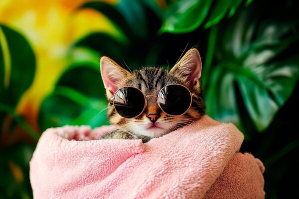 Katze mit Sonnenbrille im Handtuch