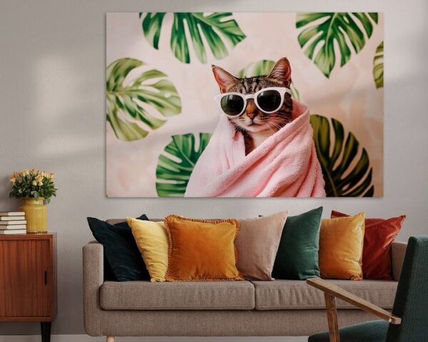 Katze mit Sonnenbrille und Handtuch отдыха