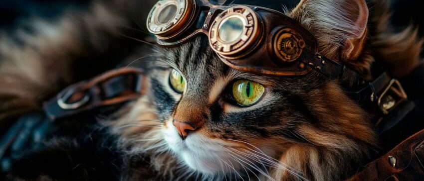 Katze mit Steampunk-Brille – Nahaufnahme