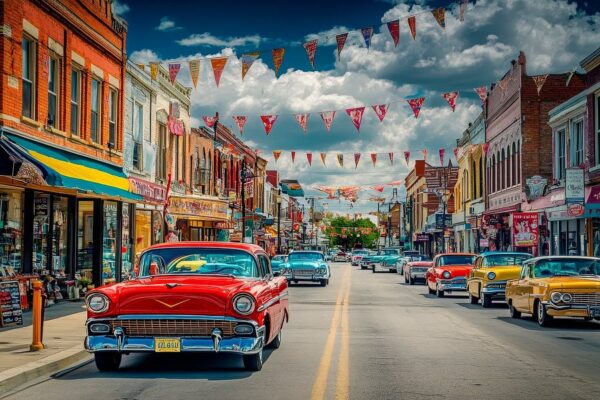 Klassische Autos in buntem Städtchen