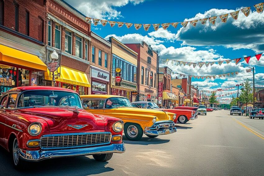 Klassische Autos in historischer Straße