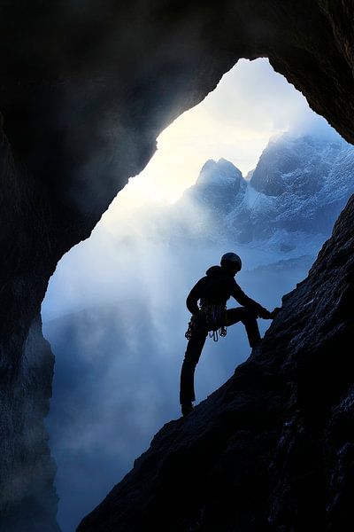 Kletterer im Bergnebel bei Sonnenaufgang